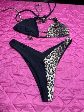 SHEIN size large Leopard & Black Bikini Set